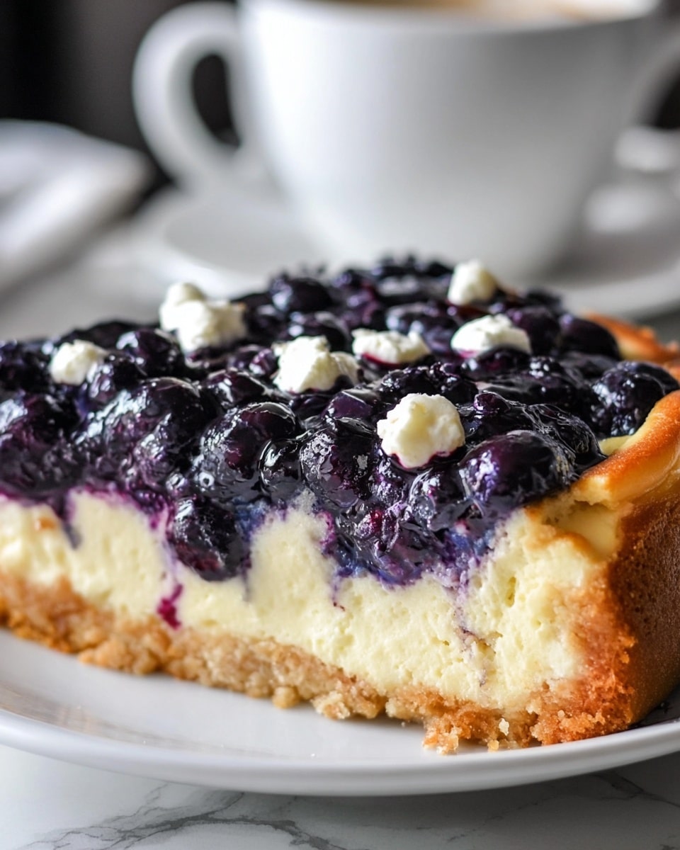 A close-up image of a blueberry cheesecake slice on a white plate, showing three layers: the bottom layer is a thick, golden-brown crumb crust with a rough texture; the middle layer is a creamy, pale yellow cheesecake with a soft, smooth texture; the top layer is a mix of plump, shiny blueberries sitting in a glossy, deep purple-blue syrup with small dollops of white cream scattered across. All this is set against a white marbled surface, with a blurred white ceramic cup in the background. photo taken with an iphone --ar 4:5 --v 7