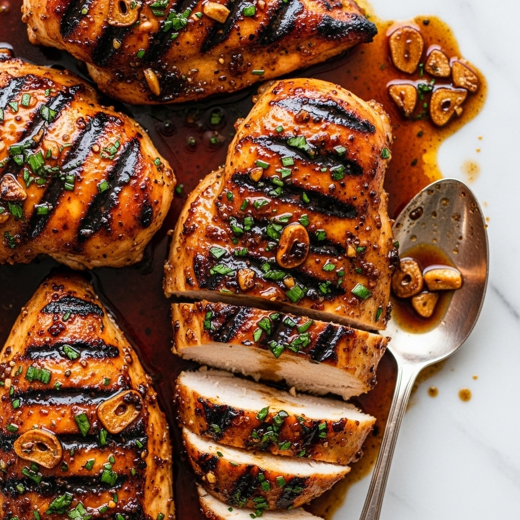 The image shows several pieces of grilled chicken breast with a shiny, dark brown glaze covering the surface, speckled with green herbs and small bits of garlic. One chicken breast is sliced into thick pieces, revealing a juicy, golden interior with a slightly charred crust. The chicken sits in a dark sauce full of herbs and spices, creating a rich glaze that adds a glossy texture to the meat. A silver spoon rests on the side, partially coated in the sauce with visible garlic pieces. The dish is set against a white marbled textured background. photo taken with an iphone --ar 4:5 --v 7
