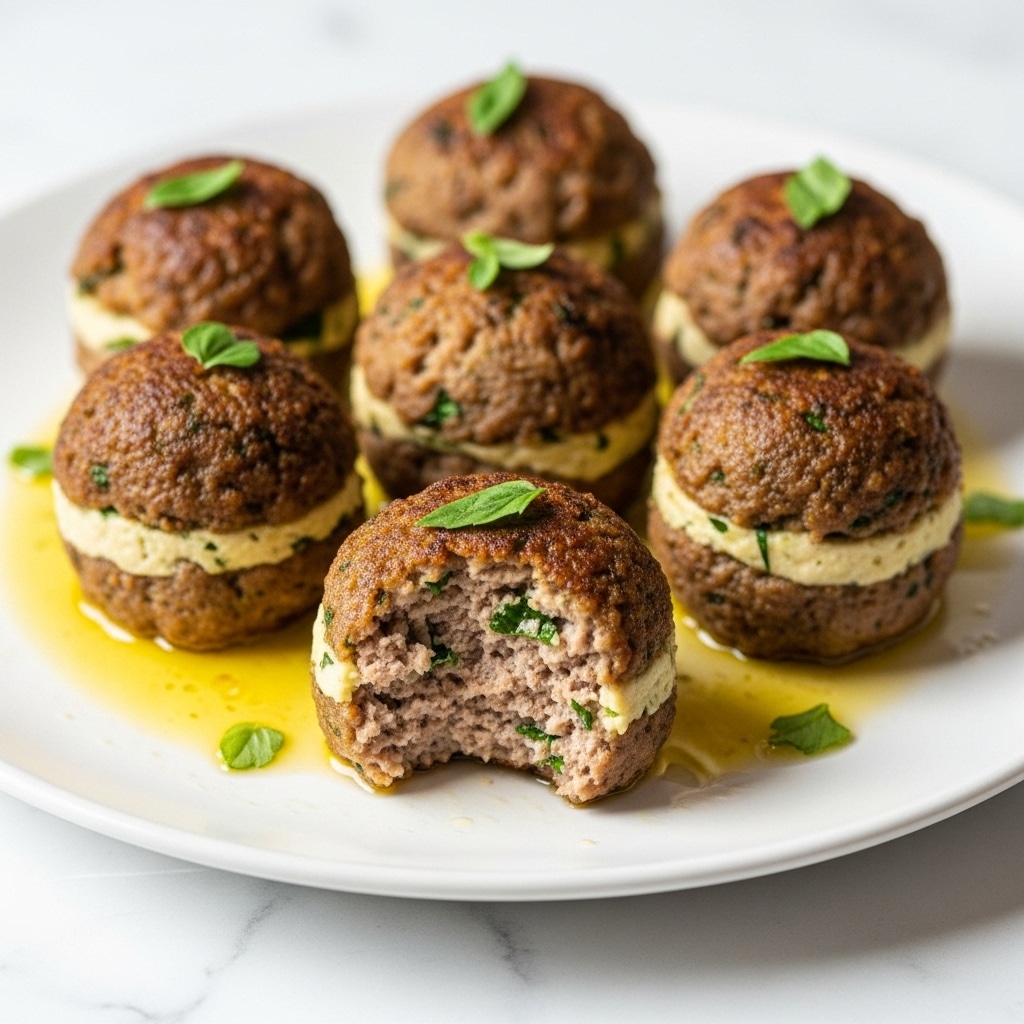The dish shows seven round meatballs on a white plate, each about two layers thick: the outer layer is a browned, crispy crust mixed with green herbs, and the inside is a dense, light brown meat filling with visible bits of green. One meatball in front is bitten, revealing the inside texture. The meatballs sit in a small pool of golden-brown sauce with some oil reflections around them. A few green herb leaves are placed on top or beside the meatballs for garnish. The plate is set on a white marbled surface. photo taken with an iphone --ar 4:5 --v 7