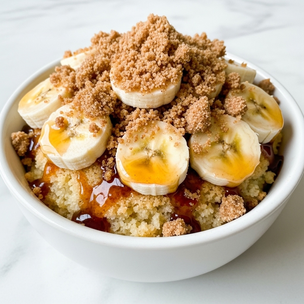 A close-up view of a white round bowl filled with a dessert showing multiple layers: the bottom layer is light crumbly cake or dough, topped with thick syrup drizzled unevenly, and slices of vibrant yellow banana arranged on top, covered with a generous amount of crumbly brown sugar or cinnamon topping that has a rough texture, all resting on a smooth white marbled surface. photo taken with an iphone --ar 4:5 --v 7
