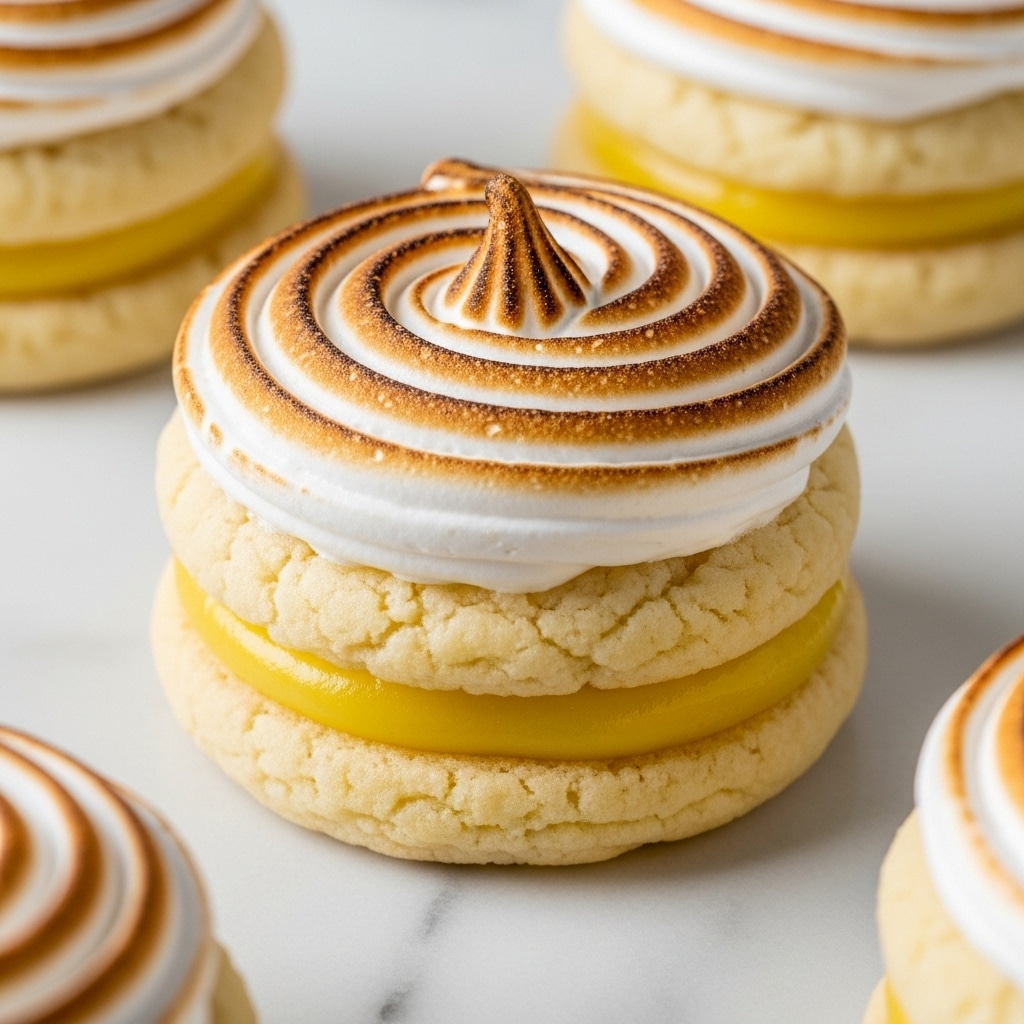 The image shows a close-up of a round cookie with three visible layers. The bottom layer is a thick, light yellow baked cookie base with a soft texture. On top of this is a smooth, glossy yellow lemon filling layer visible in the center. The top layer is a white, fluffy meringue piped in a spiral, toasted to a golden brown gradient with darker browns around the edges, giving a toasted effect. The cookies sit on a white marbled surface with other similar cookies partially visible around the main one. photo taken with an iphone --ar 4:5 --v 7
