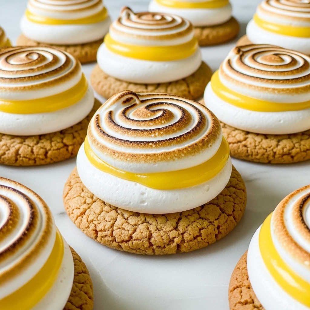 The image shows round cookies topped with three visible layers: the bottom cookie is golden-brown and slightly cracked for a rough texture, the middle layer is bright white swirled meringue with a smooth and fluffy look, and the top layer has a glossy swirl of yellow lemon curd with sections toasted to a light brown, creating a toasted spiral effect on the meringue. The cookies are positioned on a white marbled surface, arranged closely, filling the frame with soft lighting highlighting the textures and colors. photo taken with an iphone --ar 4:5 --v 7