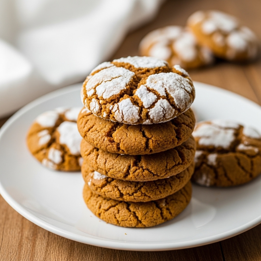 A white plate holds a small stack of five soft ginger cookies. The top cookie is closest to the camera, showing a cracked surface with a dusting of powdered sugar, giving it a slightly rough texture. Each cookie below has a warm brown color with a slightly shiny, wrinkled surface that looks soft and chewy. The plate is set on a wooden table, with an unfocused white cloth and more cookies in the background. photo taken with an iphone --ar 4:5 --v 7