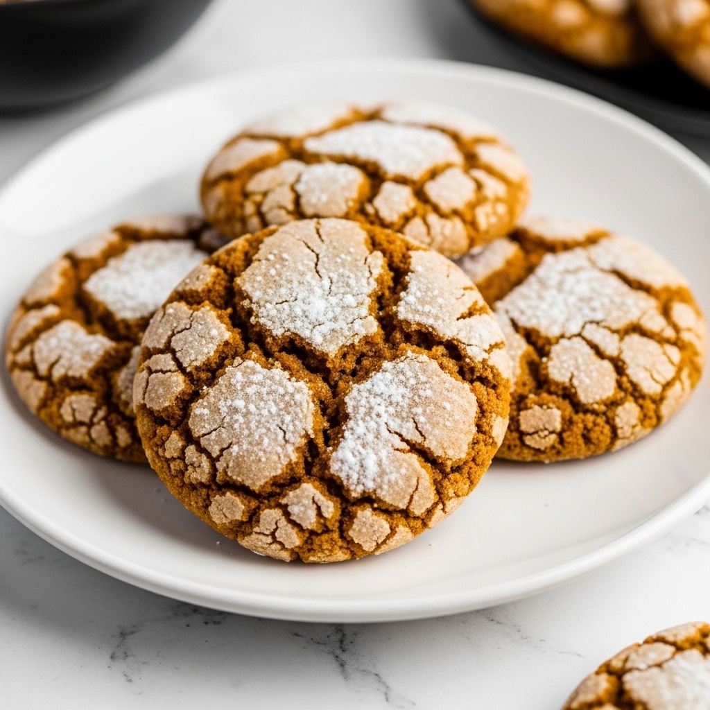 Four round cookies with a cracked texture and a rich golden brown color are stacked slightly overlapping on a white plate. The top cookie has a light dusting of powdered sugar that highlights the cracks and rough surface. The plate sits on a white marbled textured surface with part of a dark bowl and other blurred cookies seen in the background. The lighting gives the cookies a warm, inviting glow. photo taken with an iphone --ar 4:5 --v 7