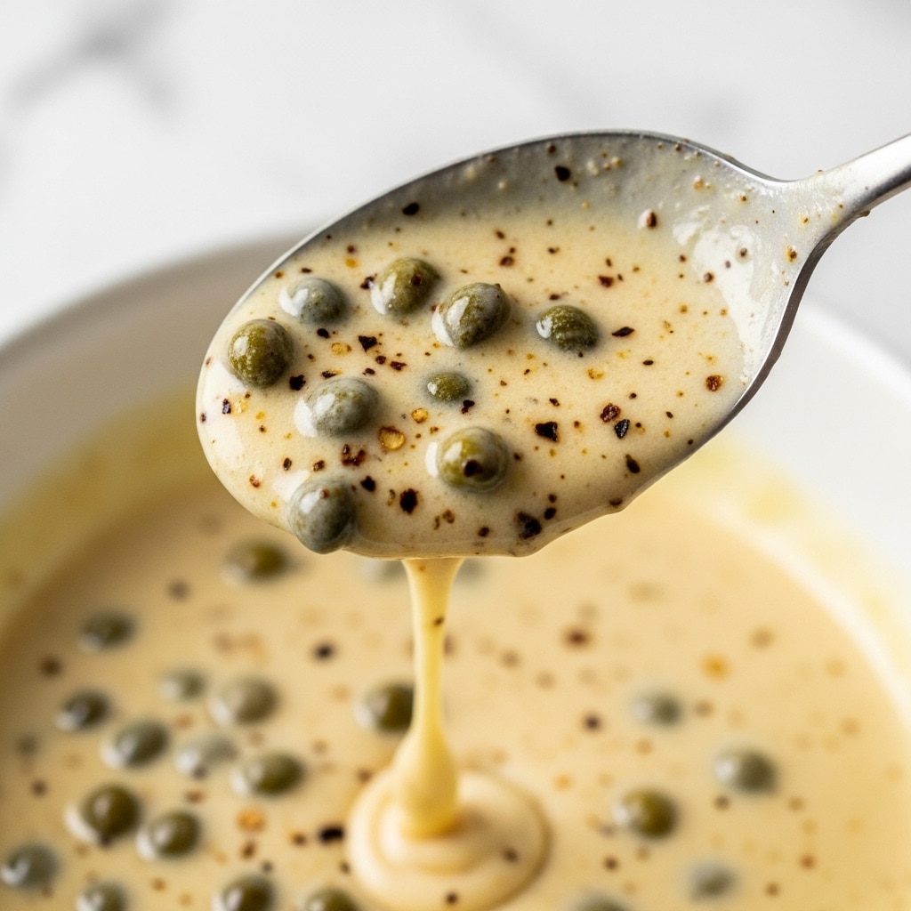 The image shows a close-up of a creamy sauce with a light yellow color, filled with small green capers and tiny black pepper flakes. A silver spoon, filled with the sauce, is held above a bowl, dripping slightly. The sauce has a smooth, thick texture with visible small bits of seasoning mixed throughout. The bowl beneath is white, and the background is a white marbled texture. Photo taken with an iphone --ar 4:5 --v 7