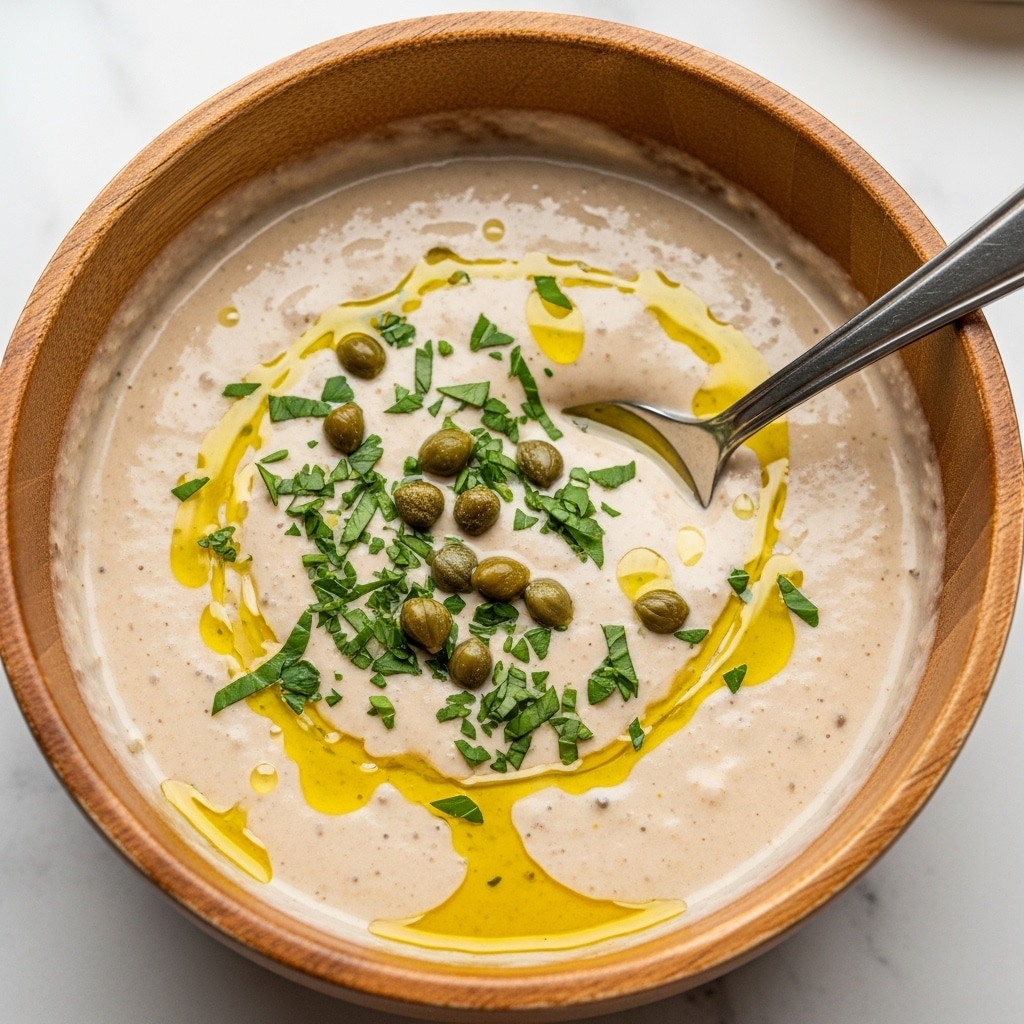 A wooden bowl filled with creamy, light beige sauce speckled with small green capers and chopped fresh herbs scattered on top, drizzled with golden olive oil drops giving a shiny texture. Inside the bowl, a silver spoon is inserted, partially visible. The background shows a white marbled surface blurred softly. Photo taken with an iphone --ar 4:5 --v 7