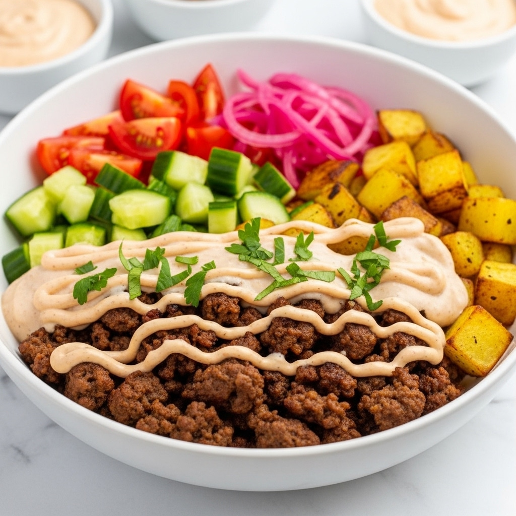 A white bowl filled with several layers of food sits on a white marbled surface. The bottom layer is ground cooked meat with a dark brown color and a slightly crispy texture. On one side, there are golden yellow cooked potato cubes with a light char. Above the meat and potatoes, a creamy beige sauce is drizzled in thin lines, creating a smooth texture. Finely chopped fresh green herbs are sprinkled on top, adding brightness. To the back of the bowl, there are fresh sliced red tomatoes, green cucumber chunks, and purple pickled onions arranged neatly. In the background, small white bowls contain more of the beige sauce. photo taken with an iphone --ar 4:5 --v 7