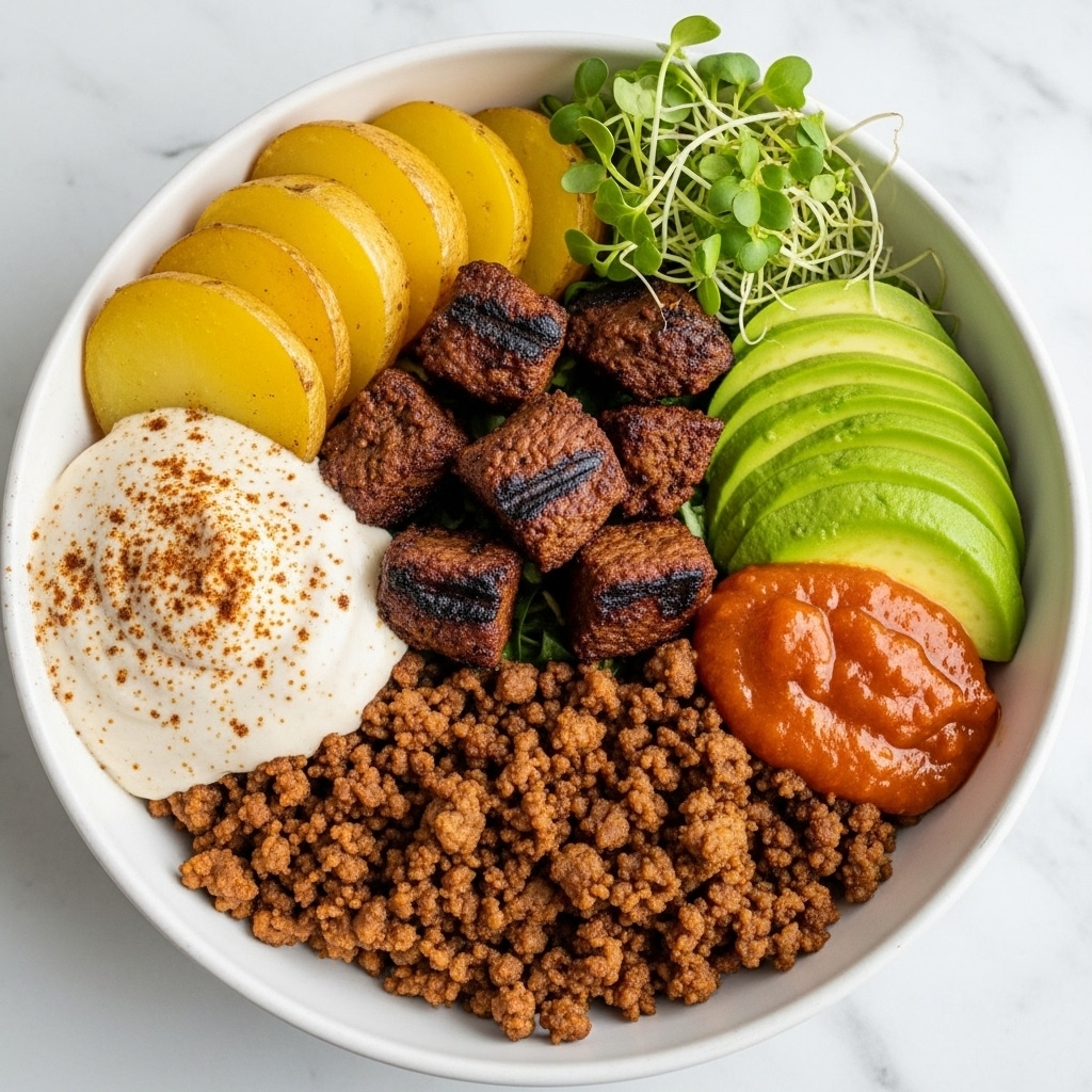 A bowl filled with multiple layers of colorful food, placed on a white marbled surface. The base layer consists of crumbled brown cooked meat that fills the bottom. On top of this, there is a large dollop of light cream sauce with a sprinkle of brown spice, positioned towards the left side. Next to it, slices of cooked yellow potatoes are fanned out in a row at the back left. In the center, grilled crumbly chunks of dark brown meat sit piled neatly. To the right, slices of fresh green avocado are arranged in a row. In front of the avocado, there is a bright orange glossy sauce or chutney placed in a small heap. Fresh green sprouts are scattered on top, especially near the center and right areas, adding a soft texture and vibrant touch. The bowl is white and the photo is taken with an iphone --ar 4:5 --v 7