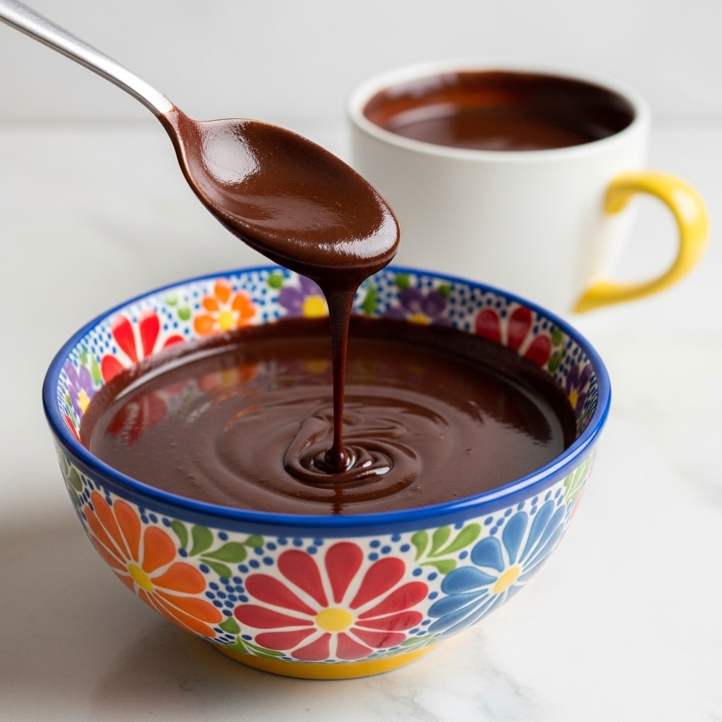 A colorful ceramic bowl with floral patterns in red, orange, purple, and green holds thick, shiny dark chocolate sauce. A silver spoon lifts some sauce above the bowl, letting a smooth drip fall back into the bowl. In the background, a white cup with a yellow handle, also filled with chocolate, is slightly out of focus. The bowl sits on a white marbled texture surface. photo taken with an iphone --ar 4:5 --v 7