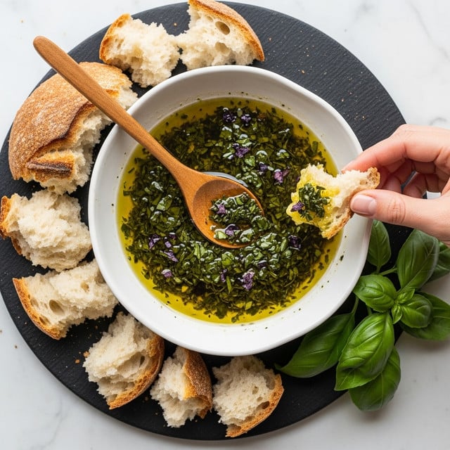 The image shows a white round bowl filled with a golden-yellow olive oil mixture, with chopped dark green herbs and small dark purple pieces spread unevenly on top, creating a textured surface. The bowl sits on a dark round board with torn pieces of rustic bread around it, showing a crusty brown outer layer and soft, airy white inside. A wooden spoon rests in the bowl, partially covered with the oil and herbs. On the right side, a woman's hand holds a piece of bread dipped in the mixture. Fresh green basil leaves are placed beside the bowl on a white marbled surface. Photo taken with an iphone --ar 4:5 --v 7