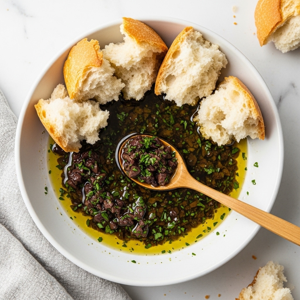 A white bowl containing a mixture of dark chopped olives and herbs sitting in a pool of golden olive oil, with finely chopped green herbs scattered throughout. A small wooden spoon filled with the olive mixture rests inside the bowl. Around the edge of the bowl are pieces of torn crusty white bread with a soft, airy interior. The bowl is placed on a white marbled surface, with part of a light-colored textured cloth visible near the bottom corner. Photo taken with an iphone --ar 4:5 --v 7