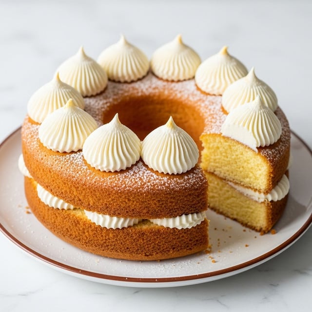 A two-layer round sponge cake with a light golden-brown crust and soft yellow inside sits on a white plate with a thin brown rim, set against a white marbled surface. The cake has a hole in the middle, giving it a ring shape. On top, nine creamy white swirls of frosting with delicate ridges are evenly spaced around the edge. The frosting peaks have a slight golden tint at their tips. Powdered sugar is lightly dusted over the top surface of the cake, adding a snowy effect. One slice is cut and slightly separated from the rest of the cake, showing the moist texture inside. photo taken with an iphone --ar 4:5 --v 7