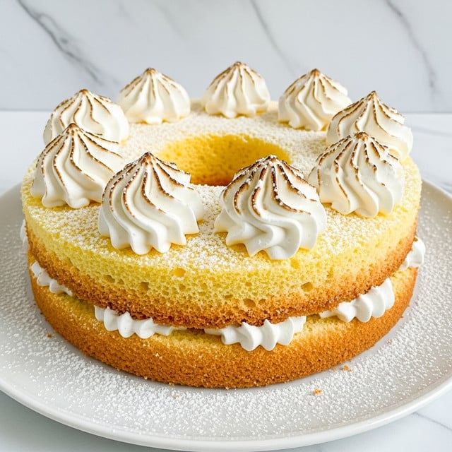 A two-layer round sponge cake with a hole in the middle sits on a white plate, showing a soft yellow color and light texture. The base layer has a golden brown crust, topped with a thick, creamy yellow layer filled with small air holes. The top is dusted lightly with white powdered sugar. Around the edge of the cake, there are eight large swirls of white whipped cream, evenly spaced and each with a slightly browned peak. The cake surface and the plate have some scattered powdered sugar, creating a delicate look. The background is a white marbled texture. photo taken with an iphone --ar 4:5 --v 7