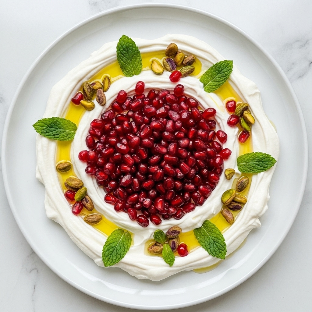 A white round plate holds a dish with one layer of creamy white labneh spread thickly in a circular shape with soft swirls. In the center, there is a large pile of bright red pomegranate seeds that shine with freshness. Scattered over the seeds and cream are small pieces of green pistachios and a few fresh green mint leaves placed evenly for color contrast. A drizzle of golden olive oil pools slightly around the edges, adding shine and richness to the dish. The plate rests on a white marbled surface. photo taken with an iphone --ar 4:5 --v 7