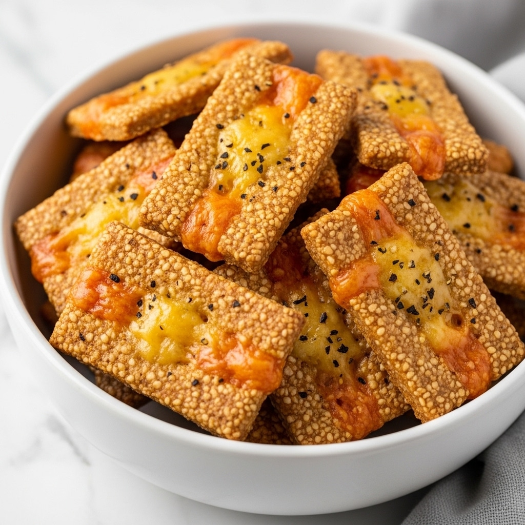 A close-up view shows a white bowl filled with golden-brown, rectangular crackers stacked unevenly. Each cracker has a rough texture with visible coarse grains and melted cheese pockets that look bubbly and slightly crispy. Some crackers show small black pepper flakes scattered on top, adding contrast to the warm brown and light yellow tones. The bowl sits on a white marbled surface with a soft gray cloth partially visible beside it. The photo taken with an iphone --ar 4:5 --v 7