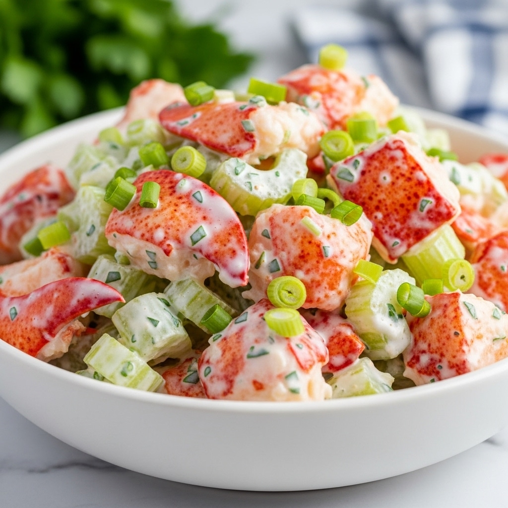 A close-up view of a white bowl filled with a creamy lobster salad, featuring large chunks of bright orange lobster meat mixed with pale green celery pieces. The salad is dressed in a thick, white cream sauce speckled with tiny green bits of fresh herbs, with chopped green onions scattered evenly throughout, adding a fresh contrast of green. The bowl sits on a white marbled surface, with blurred green herbs and a blue checkered cloth in the background. photo taken with an iphone --ar 4:5 --v 7