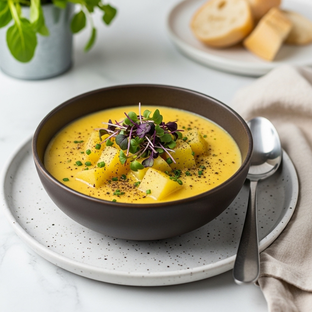A shallow dark textured bowl sits on a matching larger dark plate, both placed on a beige cloth over a white marbled surface. The bowl holds a creamy, light orange soup with a smooth and slightly chunky texture. Floating on one side are fresh green herb leaves and a small sprig of thyme, while two thick, golden-brown toasted bread slices, seasoned with black pepper, rest slightly dipped on the other side of the soup. Small green herb bits are sprinkled across the soup surface, adding detail and color. A gold spoon lies on the right side of the plate. Photo taken with an iphone --ar 4:5 --v 7