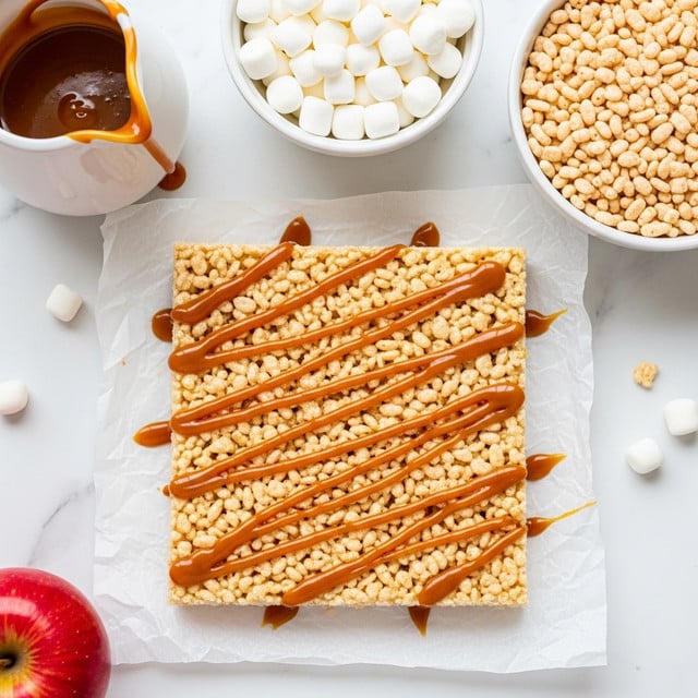 A square rice crispy treat with light golden puffed rice cereal forms the base layer, topped with a drizzle of smooth caramel sauce that creates thin, uneven lines across the treat. The treat rests on crinkled white parchment paper, which shows slight caramel drips around the edges. At the top edge of the image, there is a white pitcher filled with caramel sauce, a white bowl filled with mini white marshmallows, and another white bowl filled with crispy rice cereal, all set on a white marbled surface. A red apple is partially visible at the bottom left corner. photo taken with an iphone --ar 4:5 --v 7
