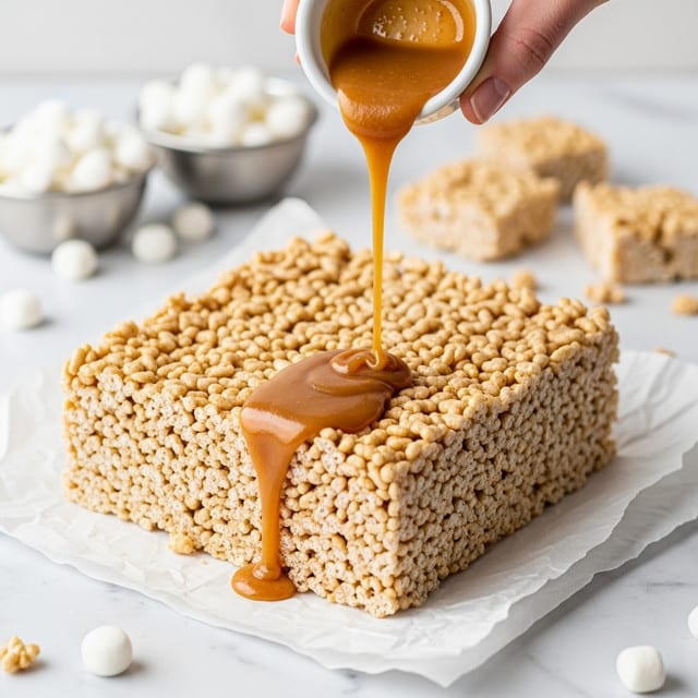 A thick square block of crunchy rice cereal treats sits on crumpled white parchment paper over a white marbled surface. The block has a light tan color with visible puffed rice grains tightly packed together, creating a textured top and sides. A smooth, glossy golden brown caramel-like sauce is poured from a small white cup held by a woman's hand above the block, dripping in slow streams down the sides and pooling slightly on the paper below. In the blurred background, two small metal bowls hold white mini marshmallows and more crumbled cereal treats on the white marbled surface. Photo taken with an iphone --ar 4:5 --v 7