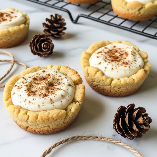 Two round cookies with a thick golden-brown crust form the base and sides, shaped like small cups. Inside each cookie cup is a creamy, white filling that looks smooth and slightly fluffy, topped with a light sprinkling of brown spice powder. The cookies are placed on a white marbled surface, alongside small brown pine cones and a piece of brown twine, giving a cozy, natural feel. In the background, part of a black wire cooling rack is visible. Photo taken with an iphone --ar 4:5 --v 7