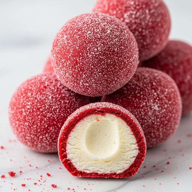 The image shows several round, red truffles with a rough texture on the outside, placed on a white marbled surface. One of the truffles is cut in half to reveal a smooth, creamy white inside with a soft texture. The truffles are stacked close together with some crumbs around them. The bright red outer layer contrasts well with the white filling, making the truffles look fresh and inviting. photo taken with an iphone --ar 4:5 --v 7