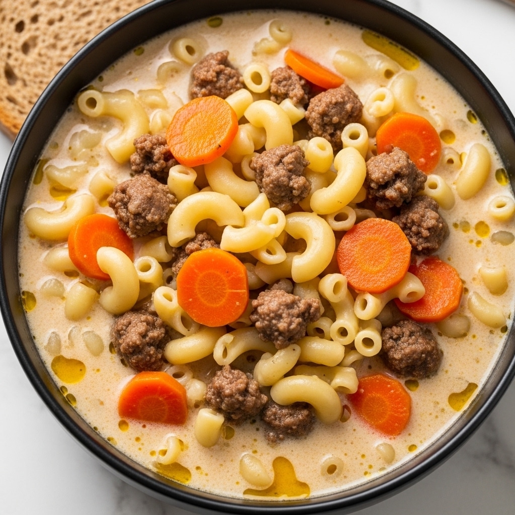 A close-up view of a black bowl filled with creamy macaroni soup, showing three main layers: curved, pale yellow macaroni noodles scattered throughout, small chunks of cooked ground beef in dark brown, and slices of bright orange carrot mixed evenly in a thick, light beige creamy broth with a slight oily sheen. The bowl rests on a white marbled surface, and part of a brown bread slice is visible in the top left corner. photo taken with an iphone --ar 4:5 --v 7