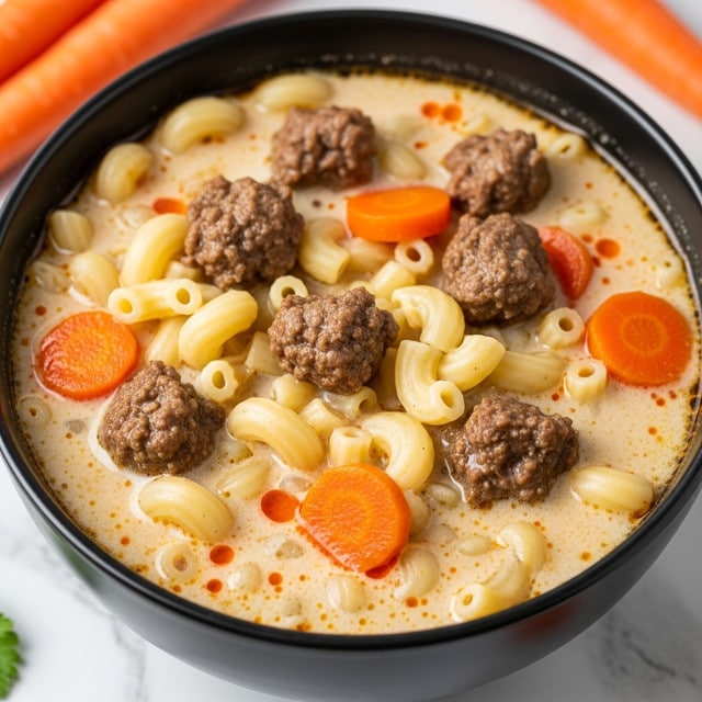 A close-up view of a black bowl filled with creamy ground beef macaroni soup, showing about three layers: a thick creamy broth with a light beige color and slight orange oil spots, chunky browned ground beef pieces scattered evenly, curved pale yellow macaroni noodles, and small bright orange carrot slices, all floating in the rich broth. The bowl sits on a white marbled surface with some whole carrots peeking in the background. The texture looks hearty and smooth, inviting and warm. photo taken with an iphone --ar 4:5 --v 7