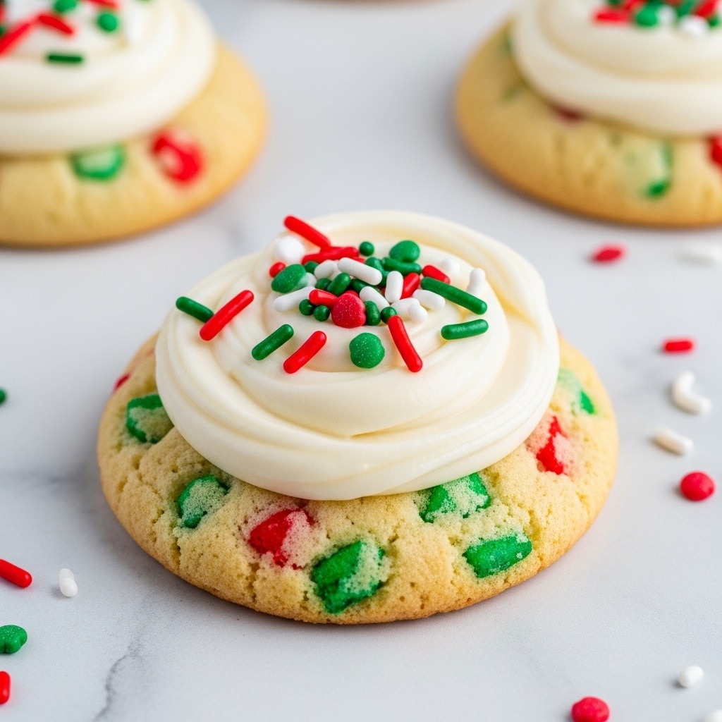 A close-up of a round cookie with a light golden-brown base dotted with small red and green pieces, topped with a thick swirl of creamy white frosting. The frosting is decorated with red, green, and white sprinkles scattered mostly in the center. The cookie rests on a white marbled textured surface, with more sprinkles scattered nearby, and two other similar cookies visible out of focus in the background. photo taken with an iphone --ar 4:5 --v 7