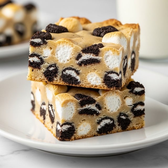 Two thick square bars stacked on top of each other on a white plate, each bar showing a chunky texture with a mix of creamy white marshmallow pieces and dark brown cookie chunks, with the bars having a light beige background speckled evenly throughout. The top bar is slightly offset, revealing the dense inside filled with the same marshmallow and cookie mix. The plate sits on a white marbled surface, with part of a glass of milk blurred in the background. photo taken with an iphone --ar 4:5 --v 7
