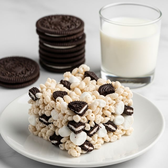 A single square treat made from a mix of white puffed rice cereal and small black cookie pieces, with visible white mini marshmallows embedded in the layers, sits on a white plate. Behind the treat, there is a stack of whole dark chocolate sandwich cookies with detailed patterns on top, and a short clear glass filled with white milk. The scene is set on a white marbled surface with soft natural light highlighting the texture of the treat. photo taken with an iphone --ar 4:5 --v 7