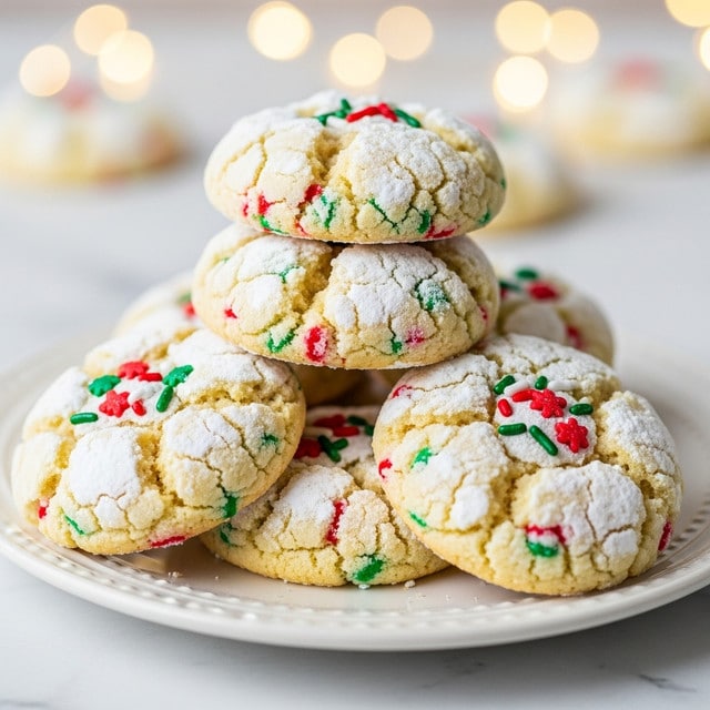 A stack of soft, cracked cookies sits on a white plate with a slightly raised rim. Each cookie has a light yellow base with a rough texture and is covered in cracked powdered sugar that creates white patches on top. Red and green sprinkles are scattered throughout the cookies, both inside and on top, adding a festive touch. The plate rests on a white marbled surface, and the background is softly blurred with warm, golden bokeh lights. Photo taken with an iphone --ar 4:5 --v 7