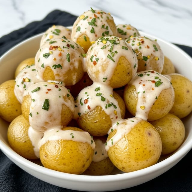 A bowl filled with about two layers of small round yellow potatoes, each covered with a creamy, light yellow sauce that has visible herbs mixed in. The potatoes have a light golden roasted texture, with bits of green herbs sprinkled generously on top and throughout the sauce. The bowl is white and placed on a white marbled surface. Photo taken with an iphone --ar 4:5 --v 7