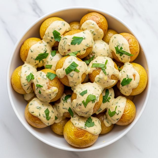A white bowl filled with small round golden potatoes covered in a thick creamy sauce with visible specks of green herbs and small bits of brown seasoning scattered on top. The potatoes look shiny and soft, piled high with the sauce dripping down their sides, creating a rich, textured appearance. The creamy sauce contrasts with the green herb flakes, giving the dish a fresh and appetizing look, all set on a dark cloth and a white marbled surface. photo taken with an iphone --ar 4:5 --v 7