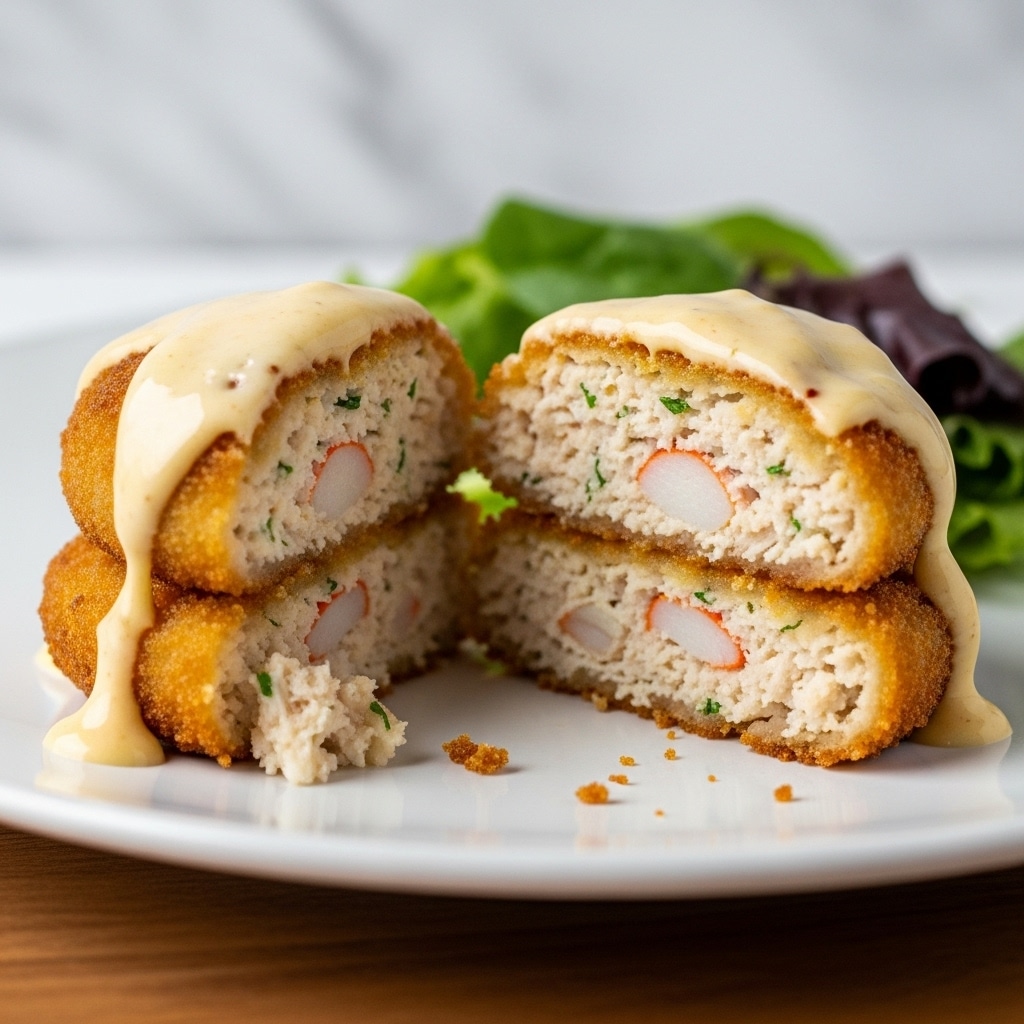A close-up of a single crab cake sliced in half, placed on a white plate with a few crumbs around it. The crab cake has three layers: a crispy, golden-brown breaded outer crust, a thick and flaky white crab meat filling mixed with small bits of herbs, and a smooth, creamy pale yellow sauce generously poured on top that slightly drips down the sides. Part of the crab cake filling spills out onto the plate, showing its moist and tender texture. Some mixed green leafy salad is slightly visible blurred in the background on the same plate. The plate is set on a wooden surface, but the background is changed to a white marbled texture. photo taken with an iphone --ar 4:5 --v 7