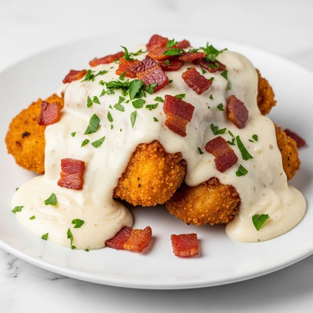 The dish shows a thick, creamy layer of sauce covering golden-brown, crispy pieces of what looks like fried chicken or casserole topped with bits of red bacon and sprinkled with bright green chopped parsley. The sauce is white and rich, pooling around the base of the dish and spreading over the crunchy, textured parts. The food is served on a white plate placed on a white marbled surface. photo taken with an iphone --ar 4:5 --v 7