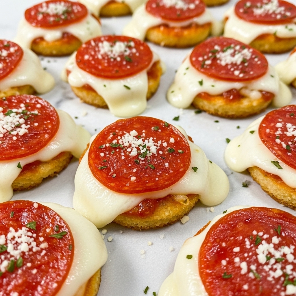 Small round snacks are shown on a white marbled textured surface. Each snack has two main layers: the bottom layer is a crispy, golden-brown melted cheese with some uneven edges, and the top layer is a single shiny slice of reddish-brown pepperoni, sprinkled with small green herbs in the center. The snacks are arranged closely together, with some melted cheese touching the white marbled textured surface directly. The photo taken with an iphone --ar 4:5 --v 7
