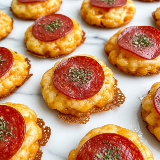 The image shows several small round snacks arranged closely on a white marbled surface covered with parchment paper. Each snack has three layers: a golden-brown crispy base, a melted white cheese layer that spreads slightly beyond the base edges with a soft texture, and a shiny round pepperoni slice placed neatly in the center on top. The pepperoni slices have a rich reddish color with some darker spots. Tiny bits of green herbs and white grated cheese are sprinkled on top of the pepperoni, adding texture and color contrast. The entire scene has warm lighting emphasizing the melty cheese and the gloss of the pepperoni, creating a fresh-baked look photo taken with an iphone --ar 4:5 --v 7