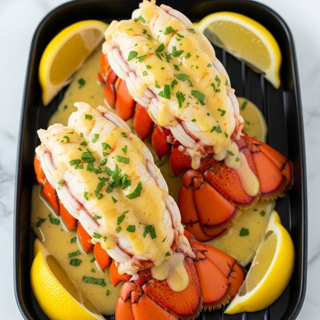 A close-up view of two baked, thinly sliced Hasselback potatoes with a golden-brown crispy outer layer resting in a black baking dish. The potatoes are covered with a creamy white sauce that seeps into the slices and pools at the bottom, with green chopped parsley sprinkled on top adding a fresh contrast. The crispy edges reveal hints of soft potato inside, and the dish is placed on a white marbled surface with a slice of lemon blurred in the background. photo taken with an iphone --ar 4:5 --v 7
