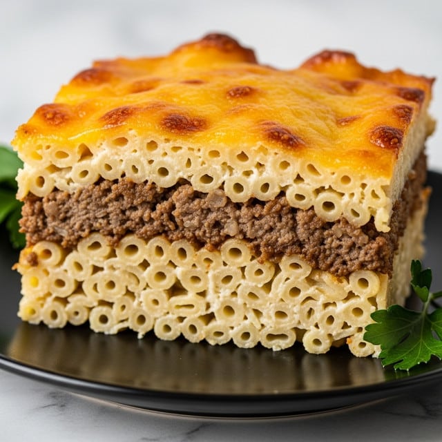 A close-up view of a layered casserole slice showing three main layers: the bottom layer is creamy cooked elbow macaroni pasta in light yellow with a soft texture, the middle layer is well-cooked ground beef with a brown and crumbly texture, and the top layer is melted cheddar cheese in a bright orange color with browned bubbly spots. The casserole is placed on a white plate with small green herb leaves at the edge, all set on a white marbled surface. Photo taken with an iphone --ar 4:5 --v 7