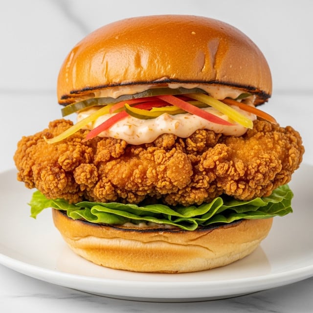 A close-up side view of a fried chicken sandwich on a white plate, placed on a white marbled surface. The sandwich has a toasted golden-brown bun top with a soft shiny texture. Inside, there is a thick crispy fried chicken fillet with a rough crunchy surface in a deep golden color. Under the chicken, there is a layer of fresh green lettuce. On top of the chicken, there is a creamy sauce with light orange specks and a few thin, colorful strips of pickled vegetables laid across it. The bottom bun is toasted with a slight char and appears soft and golden. Photo taken with an iphone --ar 4:5 --v 7