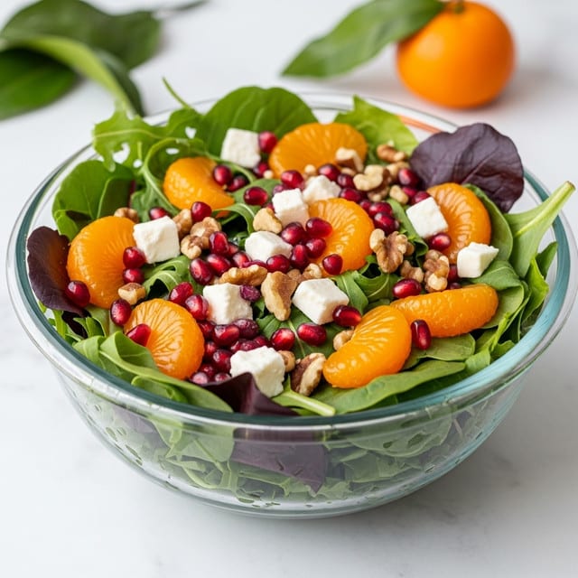 A clear glass bowl filled with a fresh salad showing a mix of dark and light green leafy greens, layered with bright orange mandarin slices, scattered deep red pomegranate seeds, small chunks of white cheese, and pieces of brown nuts, set on a white marbled surface with a whole mandarin fruit and green leaves blurred in the background. photo taken with an iphone --ar 4:5 --v 7