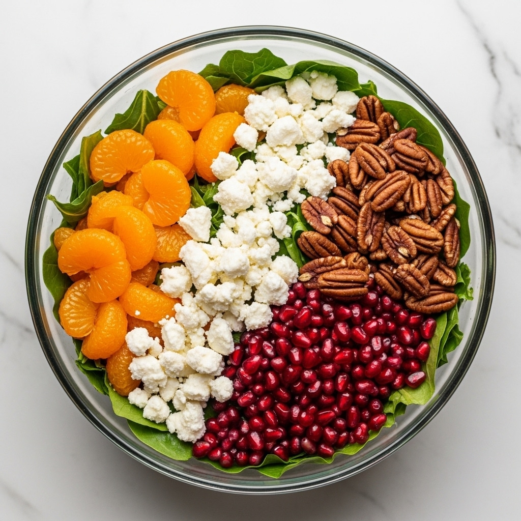 A clear glass bowl filled with a fresh salad sits on a white marbled surface. The bottom layer is made of green leafy lettuce, providing a leafy texture and deep green color. On top of this leafy base, there are four distinct sections: shiny bright orange mandarin segments on the left, white crumbly cheese pieces next to the mandarins, a pile of small, dark brown toasted pecans on the right, and a cluster of glossy, ruby red pomegranate seeds below the pecans. The salad's vibrant colors and varied textures stand out clearly in the glass bowl. photo taken with an iphone --ar 4:5 --v 7
