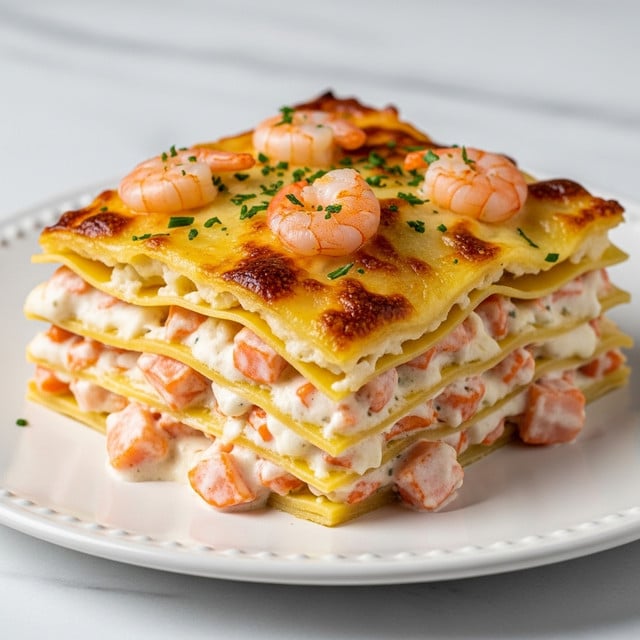 A thick square slice of lasagna sits on a white plate, showing about four layers of pasta sheets. Between each pasta layer, creamy white cheese mixed with small shrimp pieces is spread evenly. The top layer is baked golden brown with melted cheese that has small dark brown spots, and it is sprinkled with green herbs and a light dusting of grated cheese. The shrimp on top are pink and appear cooked, surrounded by a slightly bubbly cheese layer. There are some small herbs and cheese bits scattered on the plate around the lasagna, and the plate rests on a white marbled texture. photo taken with an iphone --ar 4:5 --v 7