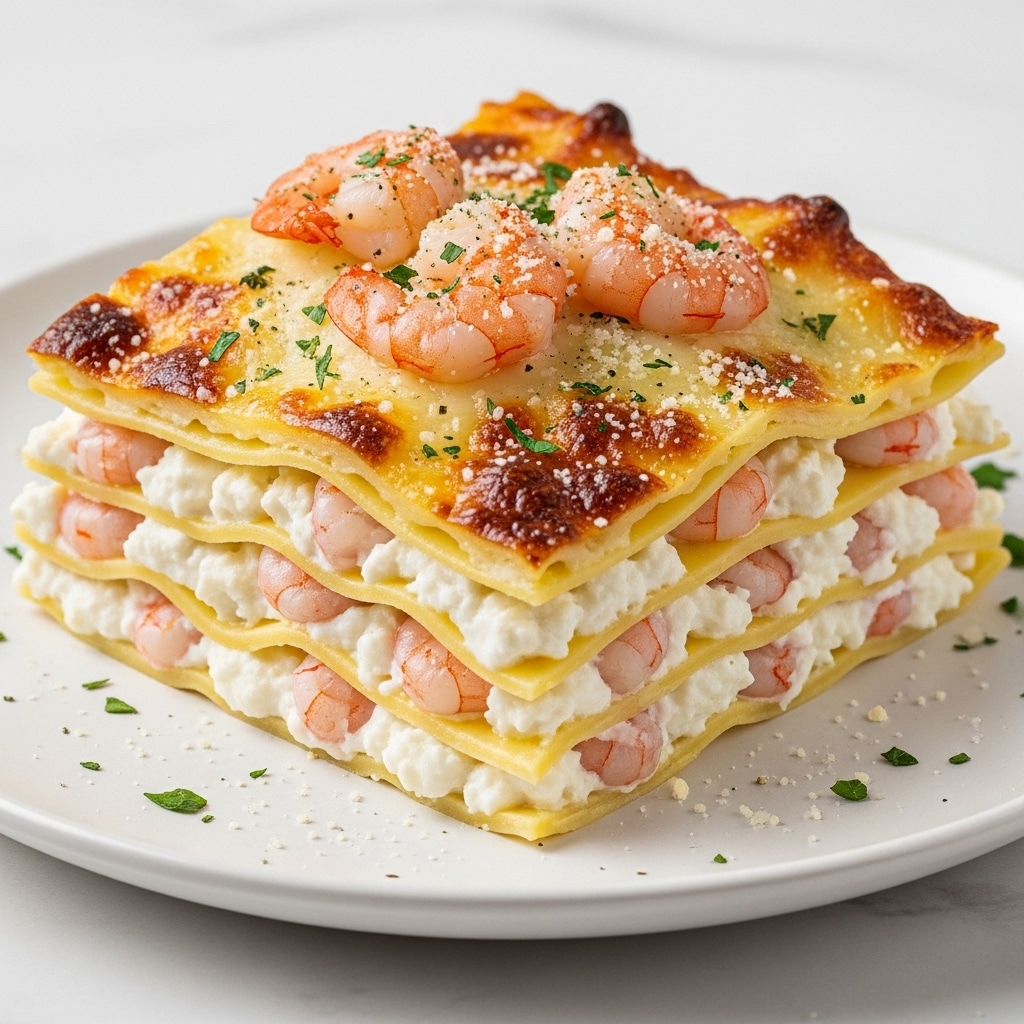 A square piece of seafood lasagna sits on a white plate with a slightly textured rim. The lasagna has four visible layers of golden-baked pasta sheets, each separated by thick creamy white sauce mixed with orange-pink chunks of cooked seafood. The top layer is browned and bubbly with melted cheese, topped with small whole pink shrimp and sprinkled green herbs. The dish looks rich and creamy with sauce slightly melting down the sides. The background shows a white marbled texture. photo taken with an iphone --ar 4:5 --v 7