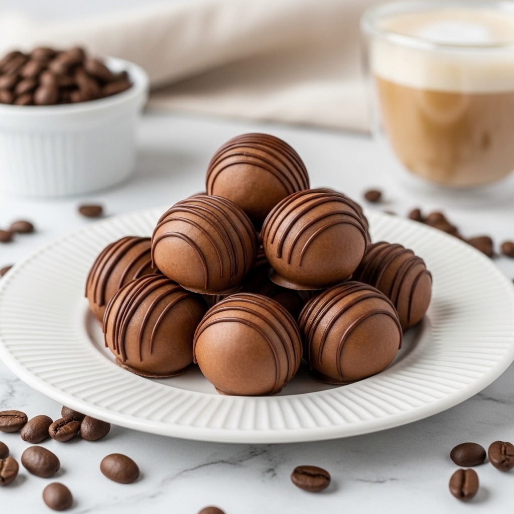 A white plate with ridged edges holds a pile of smooth, round milk chocolate truffles, each drizzled with thin lines of darker chocolate on top, giving them a striped texture. The plate sits on a white marbled surface with scattered whole coffee beans around it. In the blurred background, there are brown coffee beans in a white bowl and a glass cup with a light brown frothy drink. photo taken with an iphone --ar 4:5 --v 7
