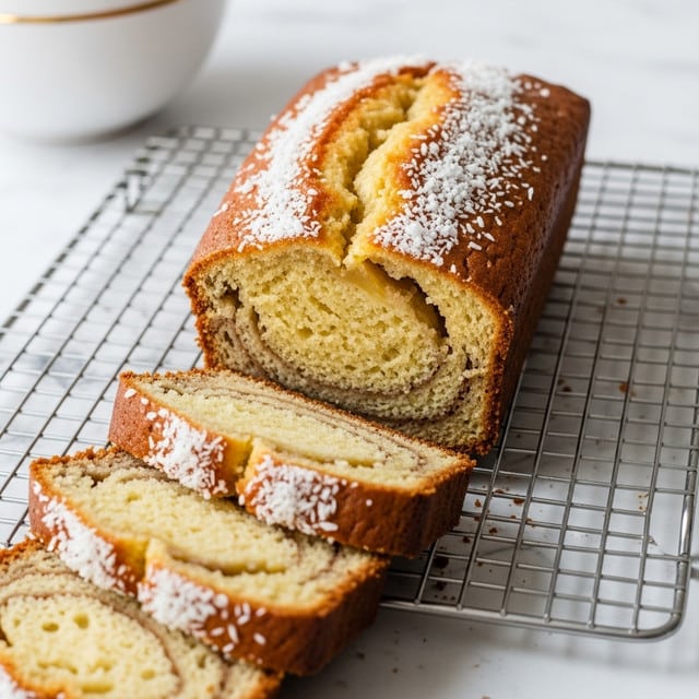 A loaf cake sits on a metal cooling rack over a white marbled surface, with two slices cut and placed slightly askew in front of it. The cake has a golden brown crust and a soft, light yellow inside with visible swirls of a slightly darker color running through it. The top of the cake is cracked open in the middle, revealing a moist texture inside, and is sprinkled with white coconut flakes mainly along the crack and edges. The scene shows part of a white bowl with a golden rim blurred in the background. Photo taken with an iphone --ar 4:5 --v 7