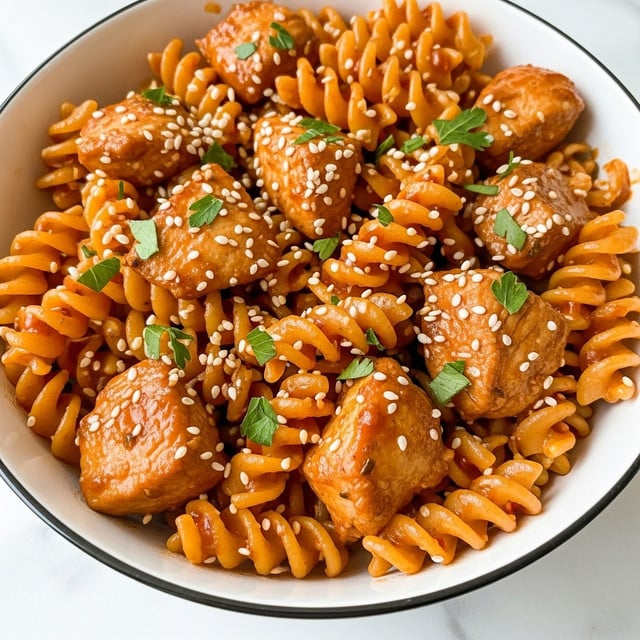 The image shows a close-up of a bowl filled with fusilli pasta mixed with chunks of cooked chicken. The fusilli pasta is coated in a shiny, slightly thick, reddish-brown sauce. Small green parsley leaves are scattered evenly on top of the dish, adding a fresh green contrast. White sesame seeds are sprinkled over the pasta and chicken, giving a slight texture and brightness. The pasta curls spiral tightly and stand out with their glossy orange-brown color next to the similarly coated but chunkier pieces of chicken. The bowl is white with a black rim, resting on a white marbled surface. photo taken with an iphone --ar 4:5 --v 7
