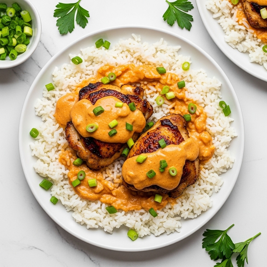 A round white plate holds a layer of fluffy white rice that fills the base, topped with two pieces of grilled chicken thighs that have a golden brown sear. The chicken is covered with a smooth, creamy orange sauce that glistens, with bits of chopped green onions scattered over both the rice and chicken. Around the plate, fresh parsley leaves add hints of green color. The plate sits on a white marbled surface, with a small bowl of chopped green onions and part of another plate with rice and chicken visible nearby. photo taken with an iphone --ar 4:5 --v 7