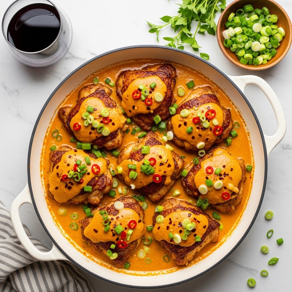 The image shows a white pan filled with eight pieces of browned, cooked chicken thighs covered in a smooth, creamy orange sauce with red chili flakes. The sauce pools around the chicken, creating a glossy surface with some texture from the spices. Bright green chopped scallions are sprinkled evenly on top of the chicken, adding contrast in color and freshness. The pan is placed on a surface with a white marbled texture, and to the top right, there is a small wooden bowl filled with more chopped scallions. A sprig of fresh green herbs is visible near the bowl, and a glass of dark red wine is positioned near the top left of the image. photo taken with an iphone --ar 4:5 --v 7
