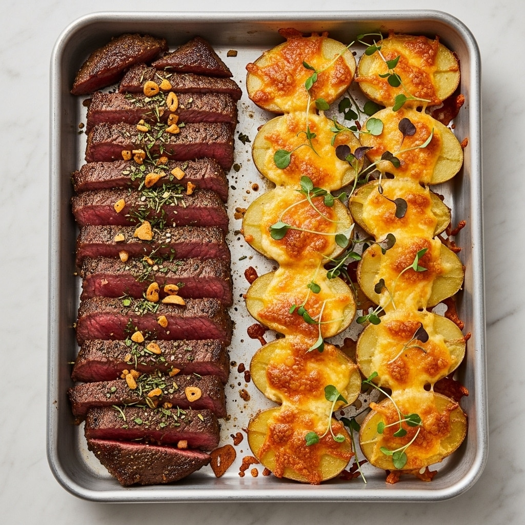 The image shows a metal tray with two main layers of food. On the left side, there are slices of cooked steak cut to show a pink center with a browned, seasoned outer layer sprinkled with small herbs and bits of garlic. On the right side, there are golden-brown halved potatoes with melted cheese that looks slightly crispy on top, garnished with small green herbs. The tray rests on a white marbled surface. photo taken with an iphone --ar 4:5 --v 7